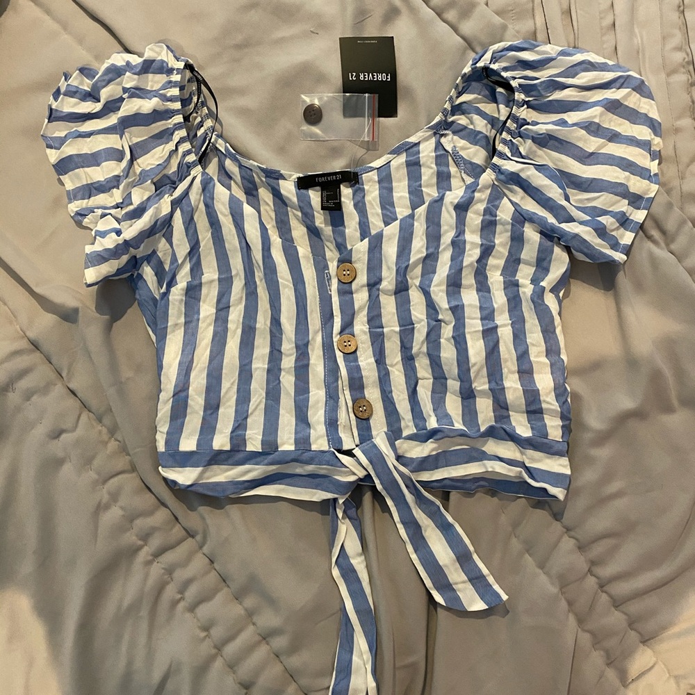 blue and white striped cropped shirt